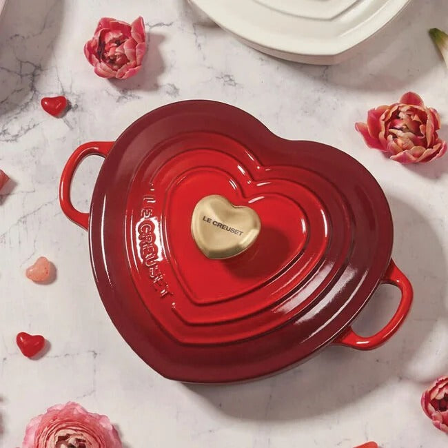 Le Creuset Shallow Heart Cocotte with Light Gold Heart Knob, 1.25 Quart - Cerise