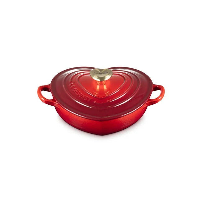 Le Creuset Shallow Heart Cocotte with Light Gold Heart Knob, 1.25 Quart - Cerise