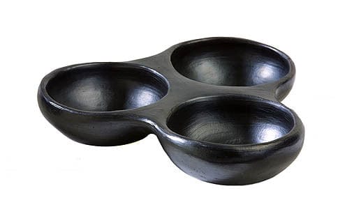 Chamba Cookware Authentic Chamba Triple Dish - Elegant, All-Natural Black Clay Platter for Salsas, Appetizers and More - Handmade in Colombia